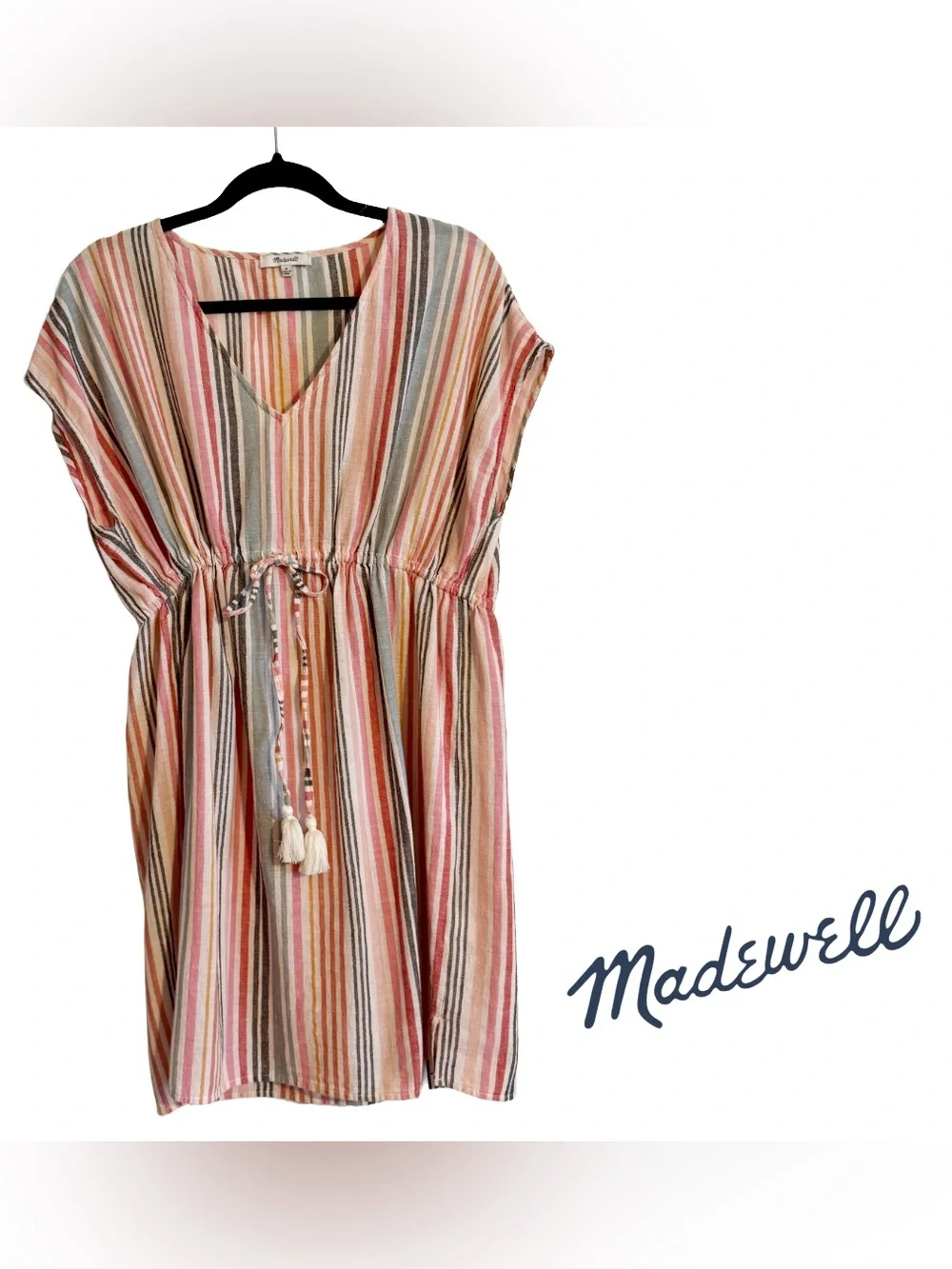 Madewell Striped Drawstring Waist Mini Dress M Pink Blue Coastal Boho Resort - Picture 1 of 3